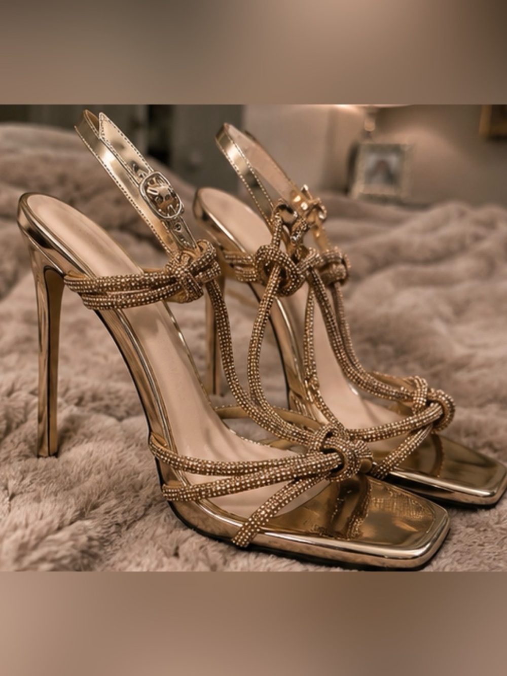 Champagne Heels Rhinestone Knot T-Strap High Heel Sandals